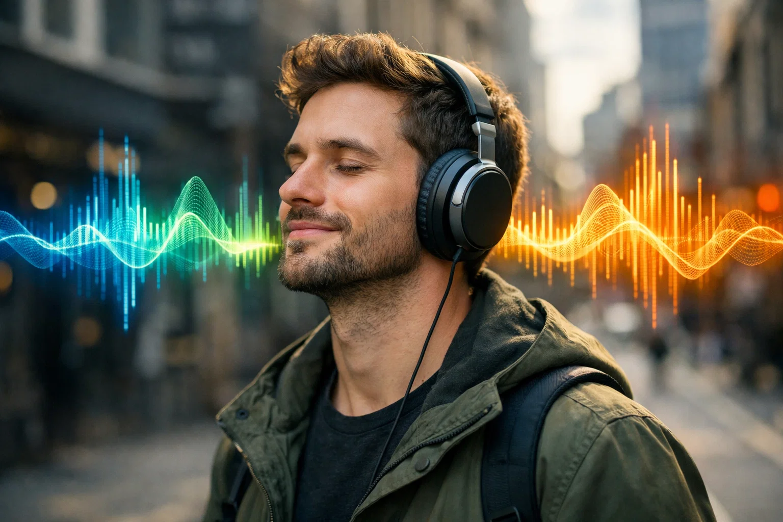 Modern person wearing headphones in urban environment with sound waves visualization, healthy hearing concept, professional photography, natural lighting