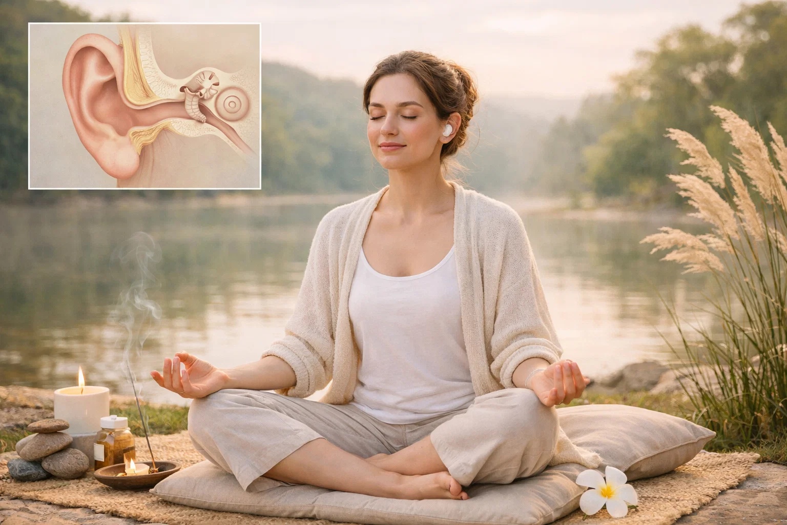 Peaceful meditation scene showing stress reduction and relaxation for ear health, soft natural colors, calming atmosphere, wellness photography